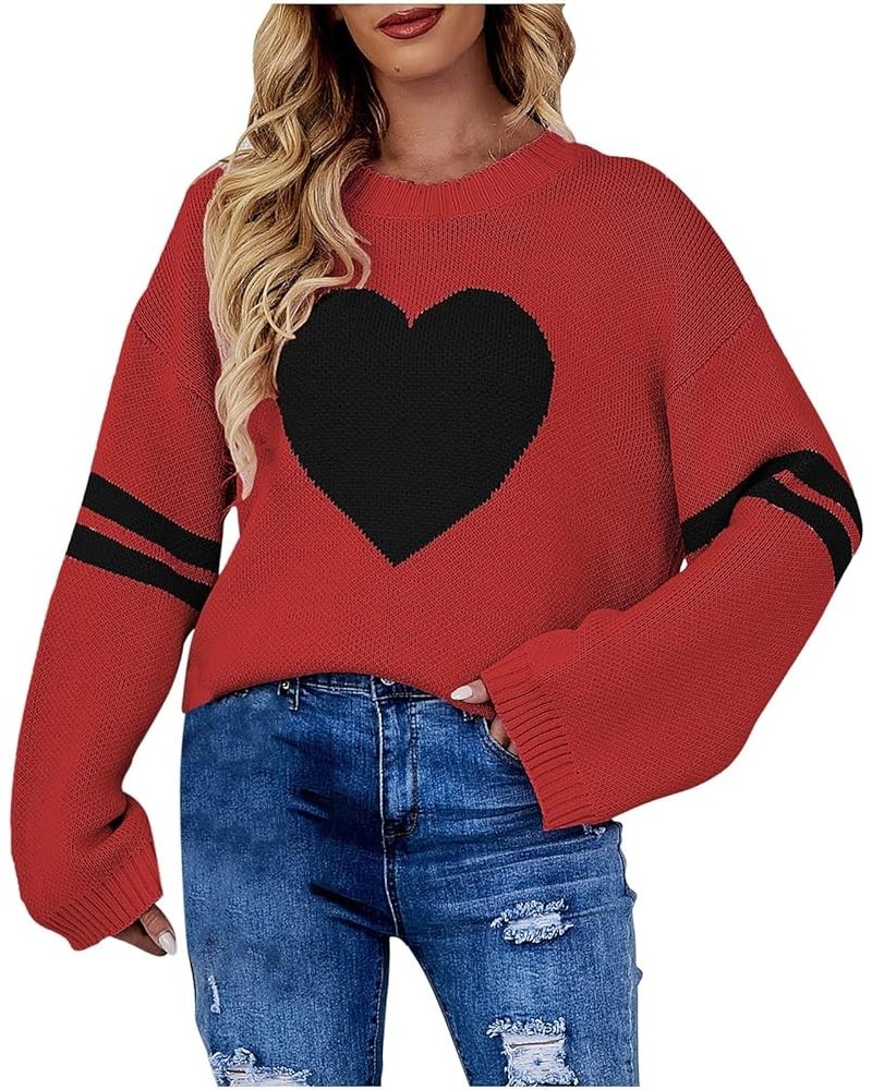 2023 Valentine's Day Sweater for Women Loose Casual Long Sleeve Crewneck Knit Pullover Heart Print Lightweight Jumper Tops Re...