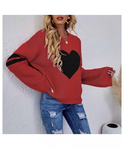 2023 Valentine's Day Sweater for Women Loose Casual Long Sleeve Crewneck Knit Pullover Heart Print Lightweight Jumper Tops Re...