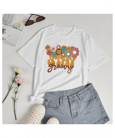 Women's Summer Hippie 70s T Shirt Cute Flower Graphic Loose Tees Crew Neck Short Sleeve Casual Tops White $9.24 T-Shirts