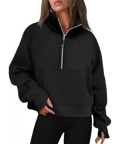 Women Stand Collar 1/4 Zip Up Warm Sweatshirt Long Sleeve Loose Pullover Fleece Hoodie Blouse Top Black $15.40 Hoodies & Swea...