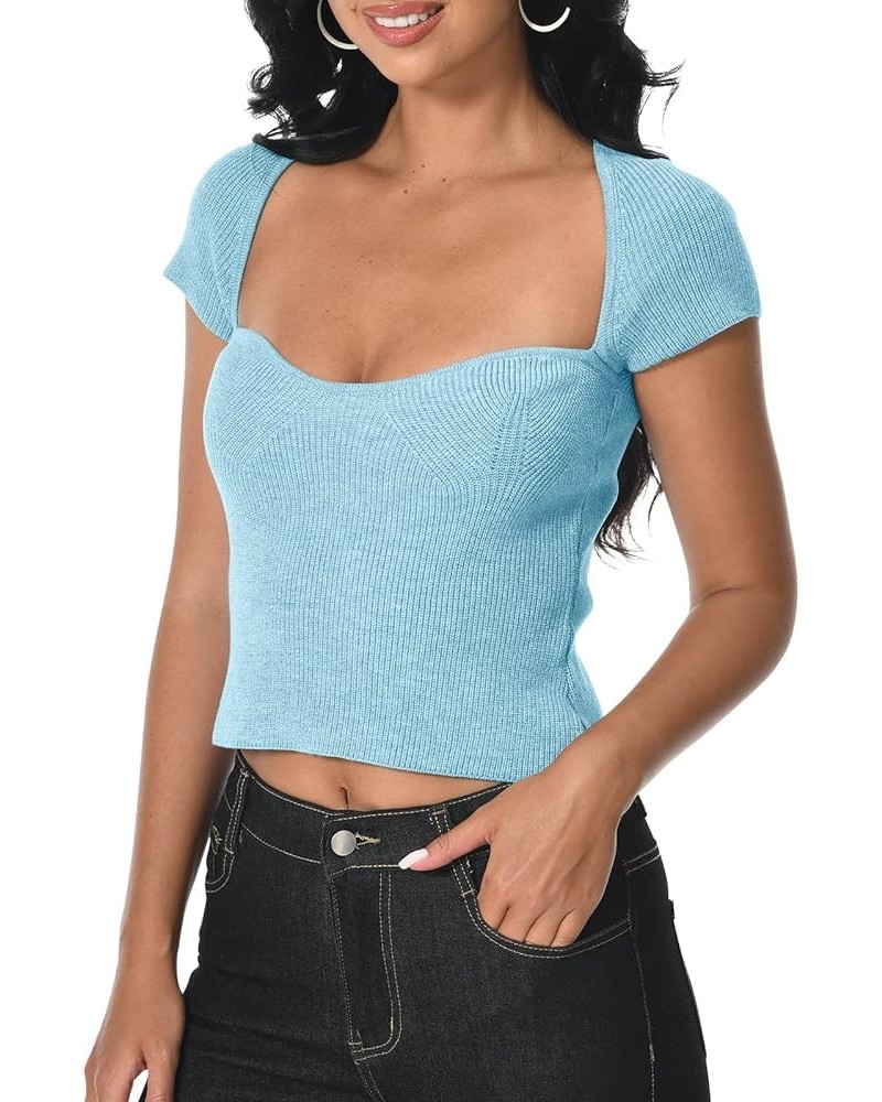 Women's Short Sleeve Crop Top Cute Sweetheart Neck Stretch Ribbed Knit Slim Fit Casual Going Out Basic Shirts Blouses Blue $1...