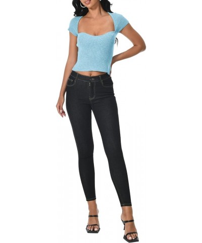 Women's Short Sleeve Crop Top Cute Sweetheart Neck Stretch Ribbed Knit Slim Fit Casual Going Out Basic Shirts Blouses Blue $1...