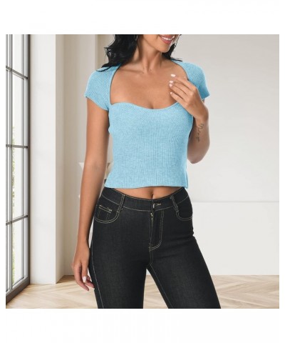 Women's Short Sleeve Crop Top Cute Sweetheart Neck Stretch Ribbed Knit Slim Fit Casual Going Out Basic Shirts Blouses Blue $1...