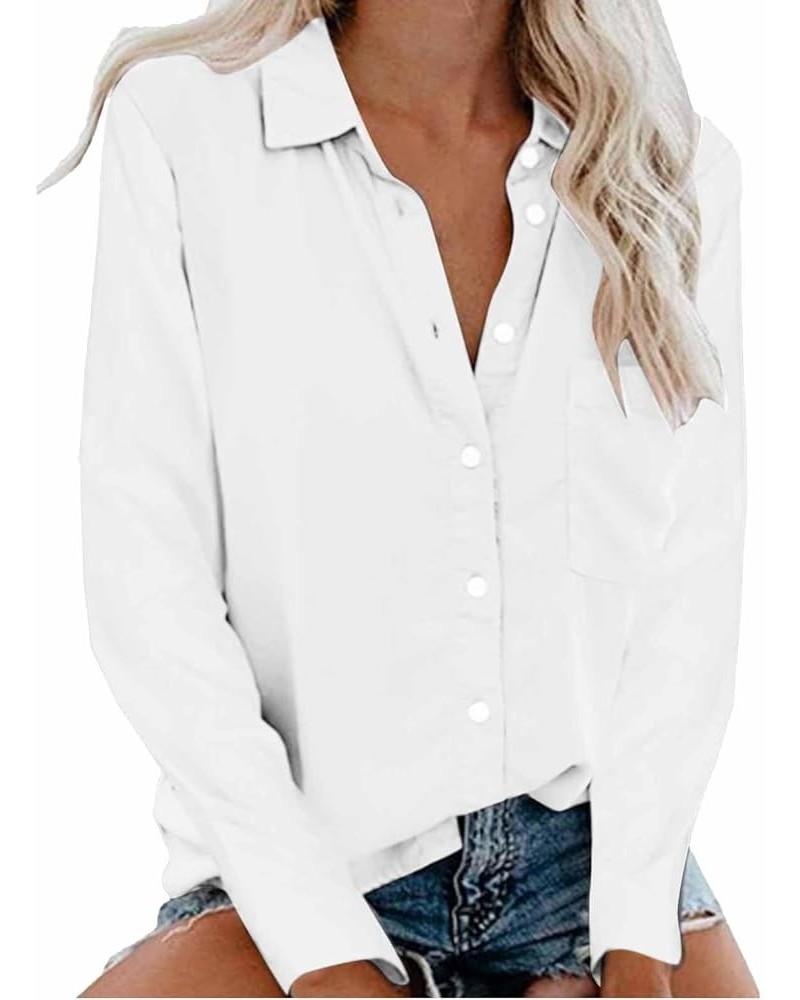 Button Down Shirts for Women Casual Long Sleeve Tunic Tops Loose Fit Collared Blouse Solid Work Business Tops W/Pocket A-whit...