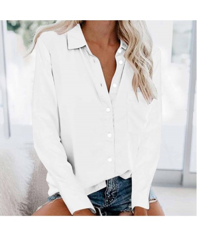 Button Down Shirts for Women Casual Long Sleeve Tunic Tops Loose Fit Collared Blouse Solid Work Business Tops W/Pocket A-whit...