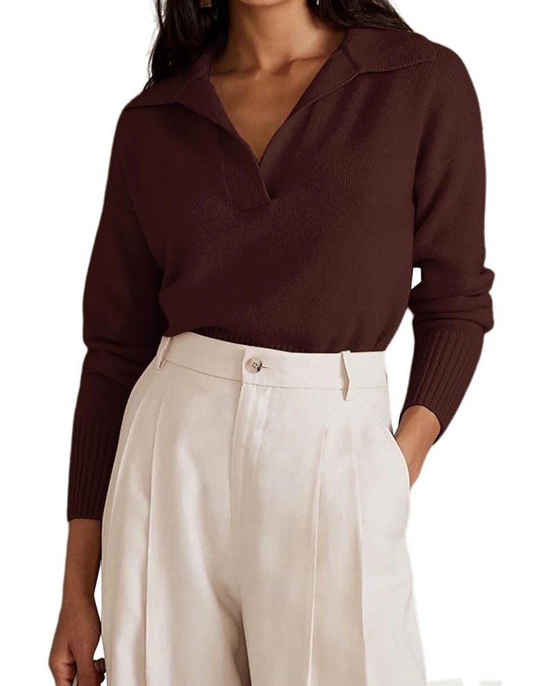 Women V Neck Drop Shoulder Cropped Sweater Polo Casual Lapel Collar Long Sleeve Knitted Sweater Fall Pullover Top Brown $14.4...