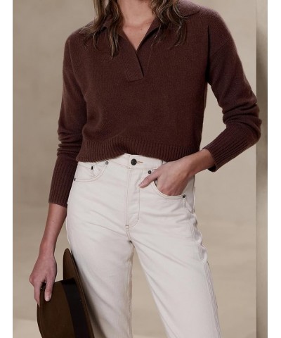 Women V Neck Drop Shoulder Cropped Sweater Polo Casual Lapel Collar Long Sleeve Knitted Sweater Fall Pullover Top Brown $14.4...