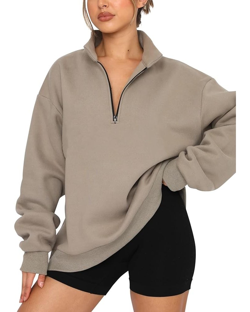 Women's Oversized Quarter 1/4 Zip Sweatshirts Lapel Collar Long sleeve Drop Shoulder Solid Pullover Jumper Top Coffee Grey $1...