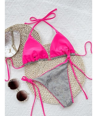 Women's Sexy Metallic 2 Piece Swimsuit Halter Triangle Tie Side Bikini Set Bathing Suits Solid Silver $12.80 Swimsuits