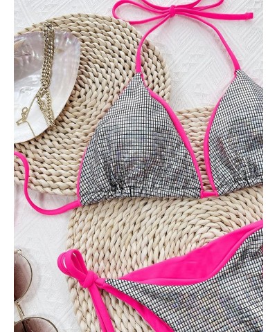Women's Sexy Metallic 2 Piece Swimsuit Halter Triangle Tie Side Bikini Set Bathing Suits Solid Silver $12.80 Swimsuits
