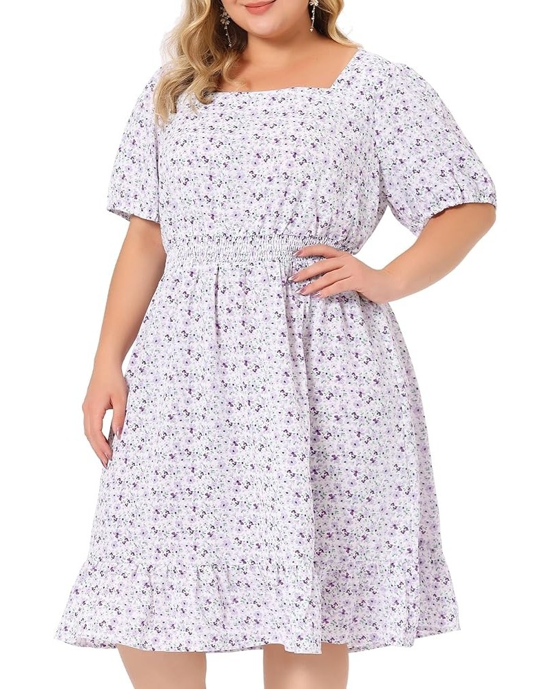 Plus Size Women's Dresses Short Sleeve Square Neck Elastic Waist Floral Dress Summer 2023 Purple $20.39 Dresses