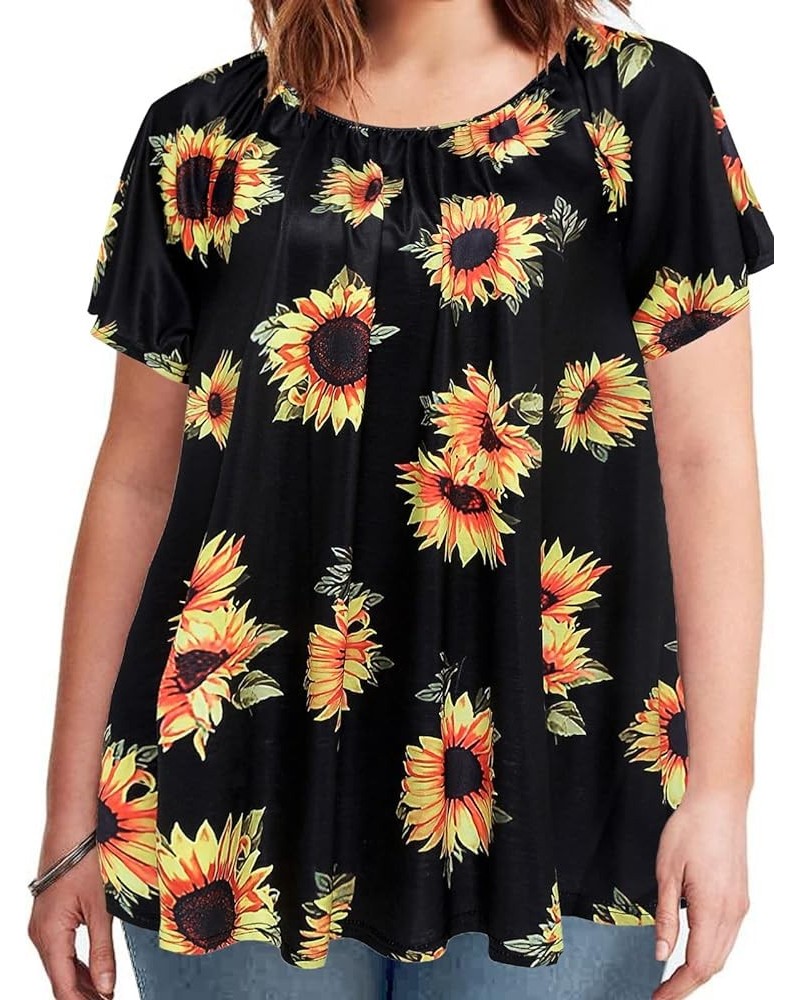 Womens Plus Size Tops Short Sleeve Shirt Flutter Flowy Loose Blouse Tunic Top 1X-4X F1 Sunflower $10.99 Tops