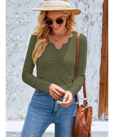 Women's 2024 Short Sleeve Ribbed Knit Tops Ruched V Neck Henley Shirts Button Up Lace Trim Blouses Tee Army $10.75 T-Shirts
