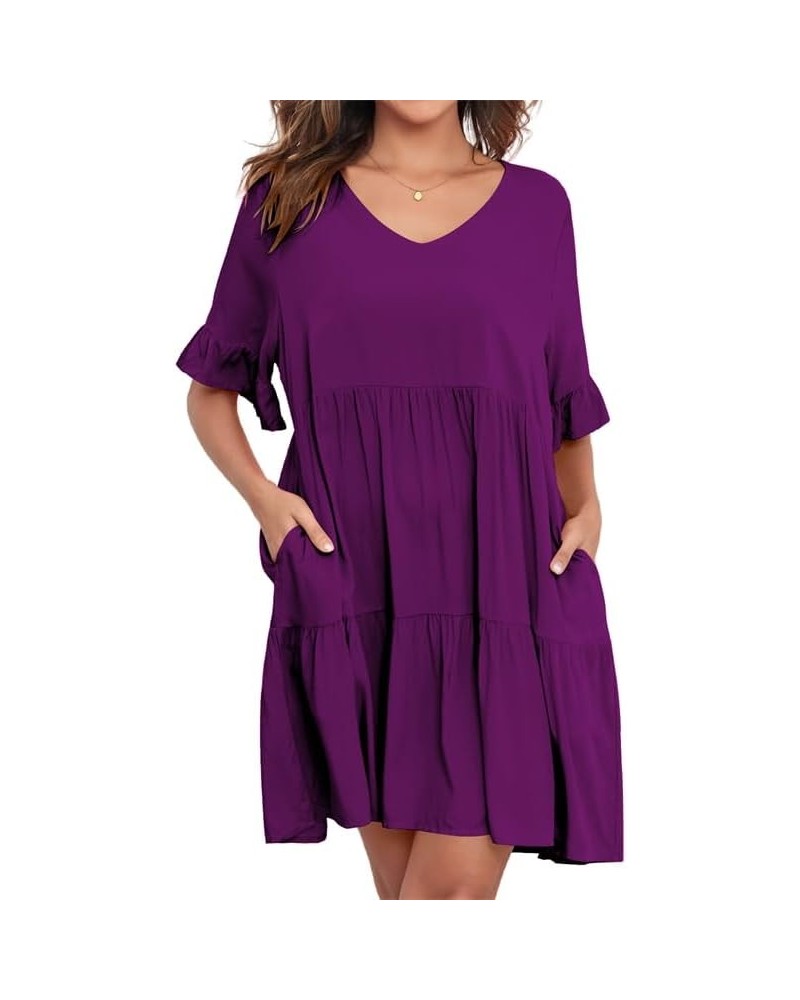 Summer Tunic Dress for Women V Neck Ruffle Short Sleeve Dresses Casual Loose Flowy Beach Cover Up Swing Vestidos Purple $20.0...