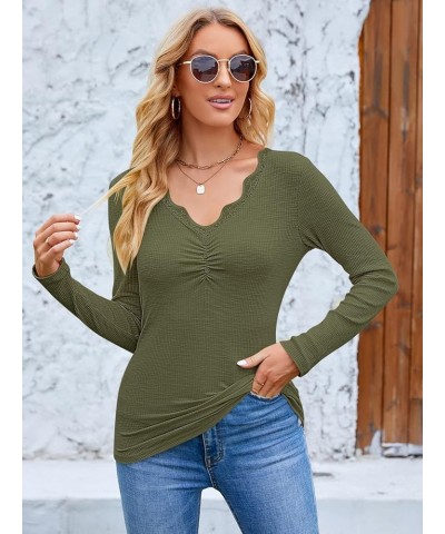 Women's 2024 Short Sleeve Ribbed Knit Tops Ruched V Neck Henley Shirts Button Up Lace Trim Blouses Tee Army $10.75 T-Shirts