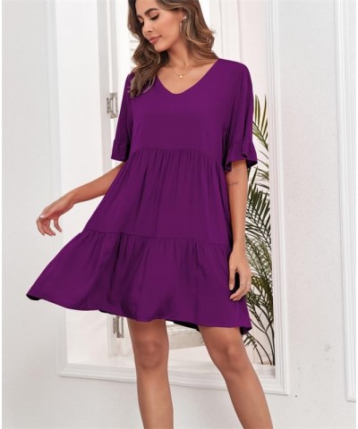 Summer Tunic Dress for Women V Neck Ruffle Short Sleeve Dresses Casual Loose Flowy Beach Cover Up Swing Vestidos Purple $20.0...
