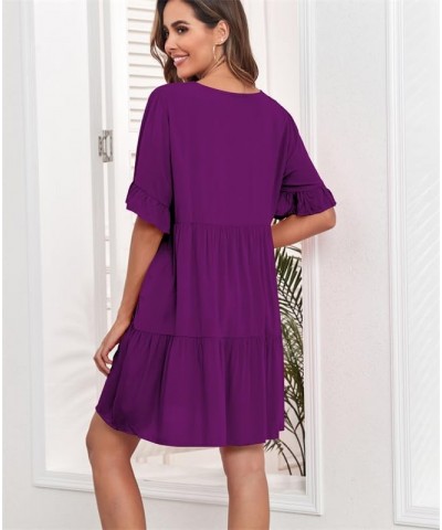 Summer Tunic Dress for Women V Neck Ruffle Short Sleeve Dresses Casual Loose Flowy Beach Cover Up Swing Vestidos Purple $20.0...