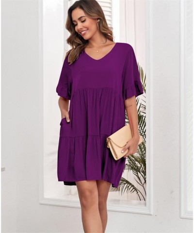 Summer Tunic Dress for Women V Neck Ruffle Short Sleeve Dresses Casual Loose Flowy Beach Cover Up Swing Vestidos Purple $20.0...