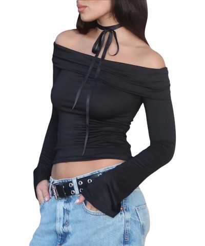 Tight Long Sleeve Shirts for Women Casual Sexy Basic Tee Going Out Streetwear Solid Color Y2K Fitted Crop Top Black-off the S...