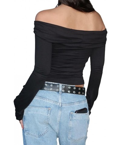 Tight Long Sleeve Shirts for Women Casual Sexy Basic Tee Going Out Streetwear Solid Color Y2K Fitted Crop Top Black-off the S...