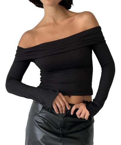 Tight Long Sleeve Shirts for Women Casual Sexy Basic Tee Going Out Streetwear Solid Color Y2K Fitted Crop Top Black-off the S...