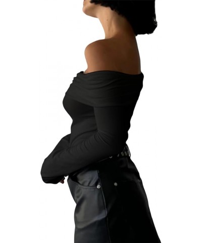 Tight Long Sleeve Shirts for Women Casual Sexy Basic Tee Going Out Streetwear Solid Color Y2K Fitted Crop Top Black-off the S...