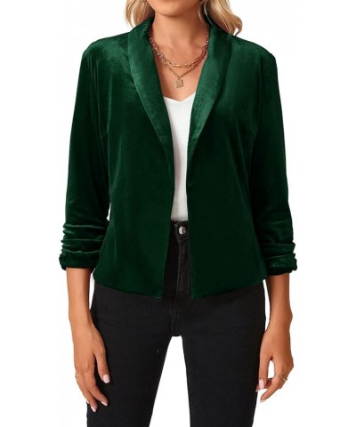 Women's Velvet Blazer 3/4 Ruched Sleeve Open Front Blazers Casual Lightweight Shawl Lapel Jackets Dark Green $16.40 Suits