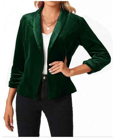 Women's Velvet Blazer 3/4 Ruched Sleeve Open Front Blazers Casual Lightweight Shawl Lapel Jackets Dark Green $16.40 Suits