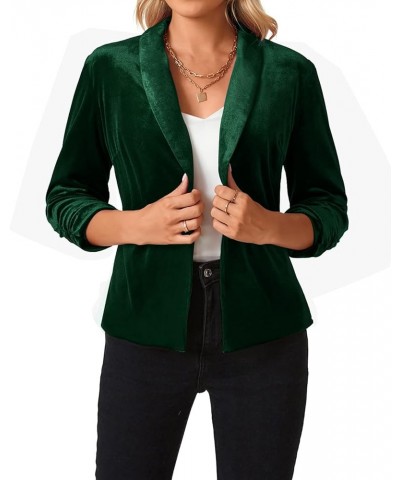 Women's Velvet Blazer 3/4 Ruched Sleeve Open Front Blazers Casual Lightweight Shawl Lapel Jackets Dark Green $16.40 Suits