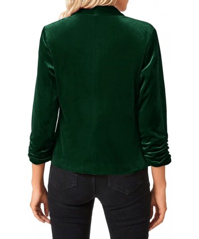Women's Velvet Blazer 3/4 Ruched Sleeve Open Front Blazers Casual Lightweight Shawl Lapel Jackets Dark Green $16.40 Suits