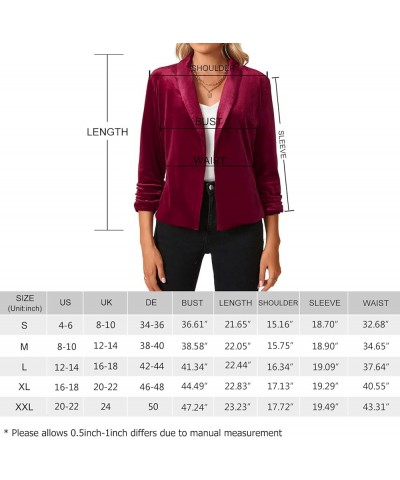 Women's Velvet Blazer 3/4 Ruched Sleeve Open Front Blazers Casual Lightweight Shawl Lapel Jackets Dark Green $16.40 Suits