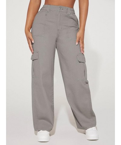 Women's Jeans High Waist Flap Pocket Cargo Jeans Women's Jeans (Color : Black, Size : Small) Small Gray $21.87 Jeans
