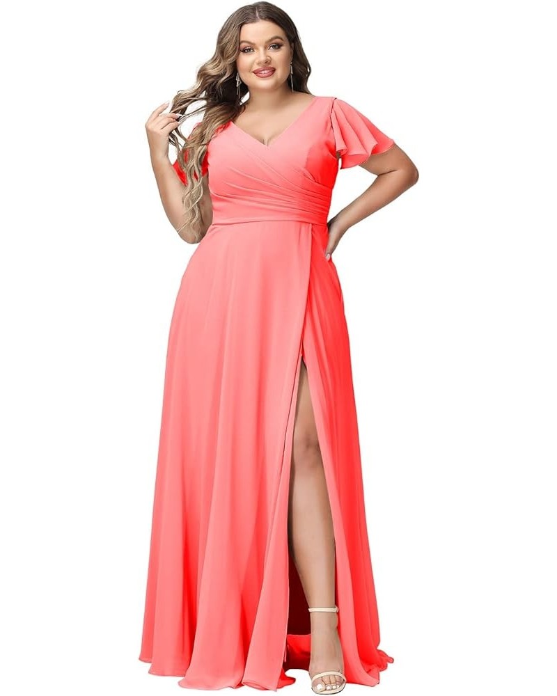 Plus Size V-Neck Long Bridesmaid Dresses with Slit Chiffon Short Sleeve Formal Party Dress CYM120 Coral $35.69 Dresses
