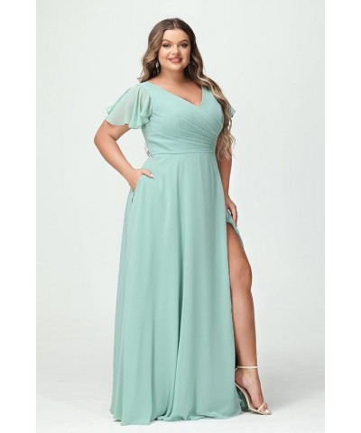 Plus Size V-Neck Long Bridesmaid Dresses with Slit Chiffon Short Sleeve Formal Party Dress CYM120 Coral $35.69 Dresses