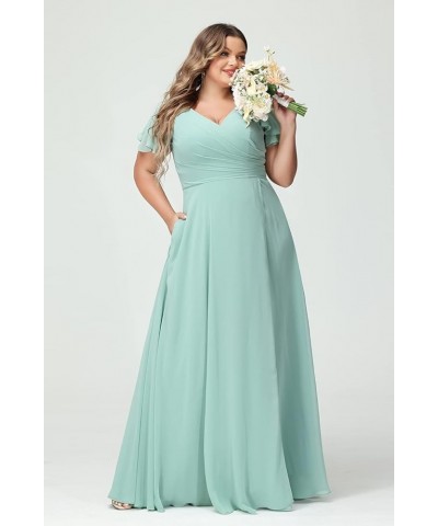 Plus Size V-Neck Long Bridesmaid Dresses with Slit Chiffon Short Sleeve Formal Party Dress CYM120 Coral $35.69 Dresses