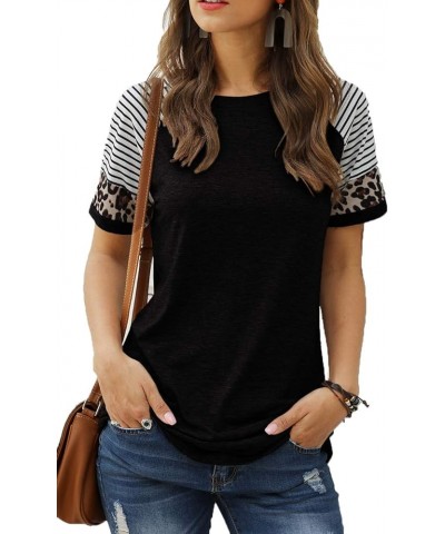 Womens T Shirts Short Sleeve Striped Color Block Leopard Casual Tops 3-black $14.49 T-Shirts