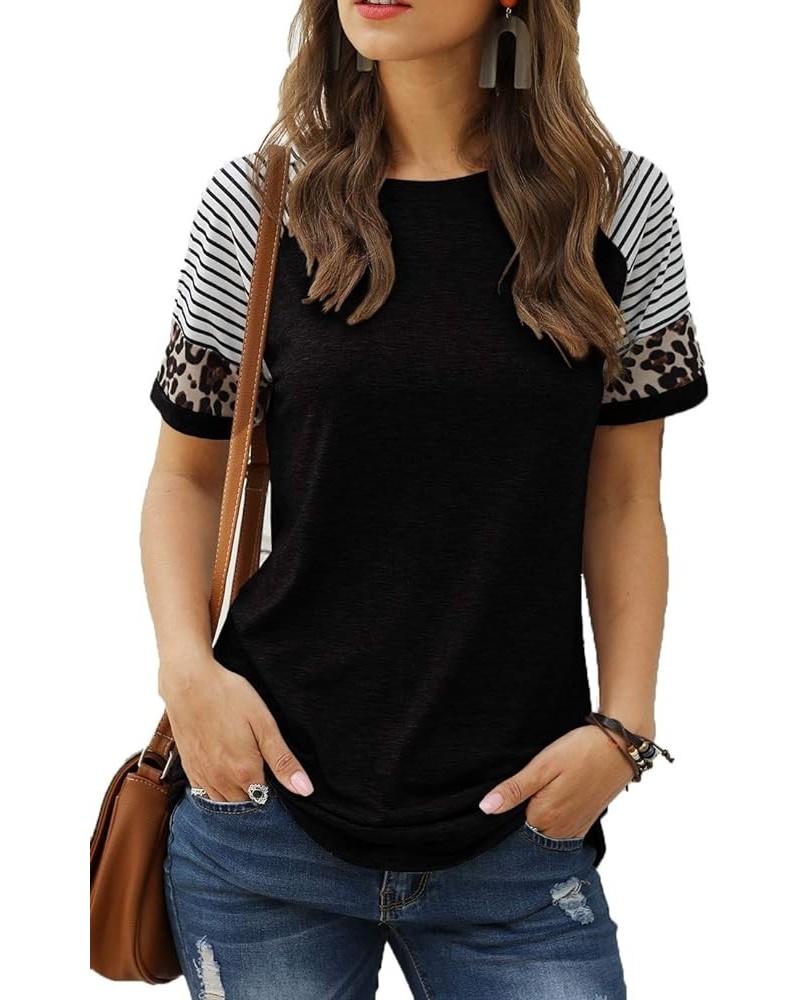 Womens T Shirts Short Sleeve Striped Color Block Leopard Casual Tops 3-black $14.49 T-Shirts