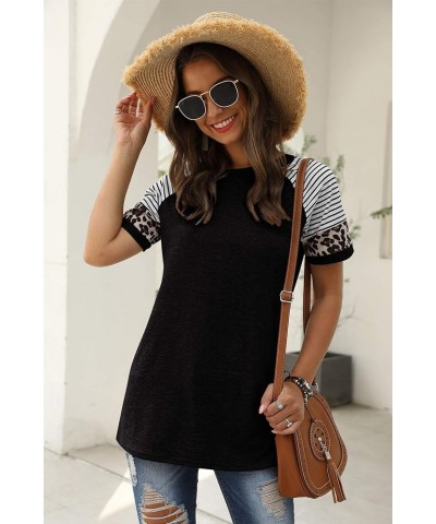 Womens T Shirts Short Sleeve Striped Color Block Leopard Casual Tops 3-black $14.49 T-Shirts