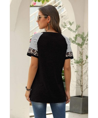 Womens T Shirts Short Sleeve Striped Color Block Leopard Casual Tops 3-black $14.49 T-Shirts