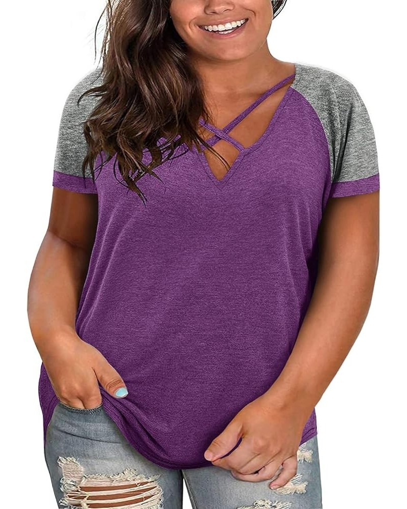 Plus Size Tops for Women Summer Short Sleeve Sexy V Neck Criss Cross T-Shirts Tunic Casual Loose Soft Tee Shirt Z01-purple $1...