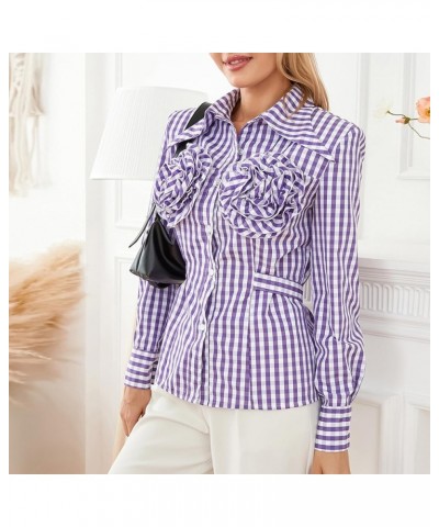 Y2K Long Sleeve Button Down Shirt Women Ribbed Knit Slim Fitted Crop Top Cute Fall Going Out Tops Blouse 02-3d Flower Purple ...
