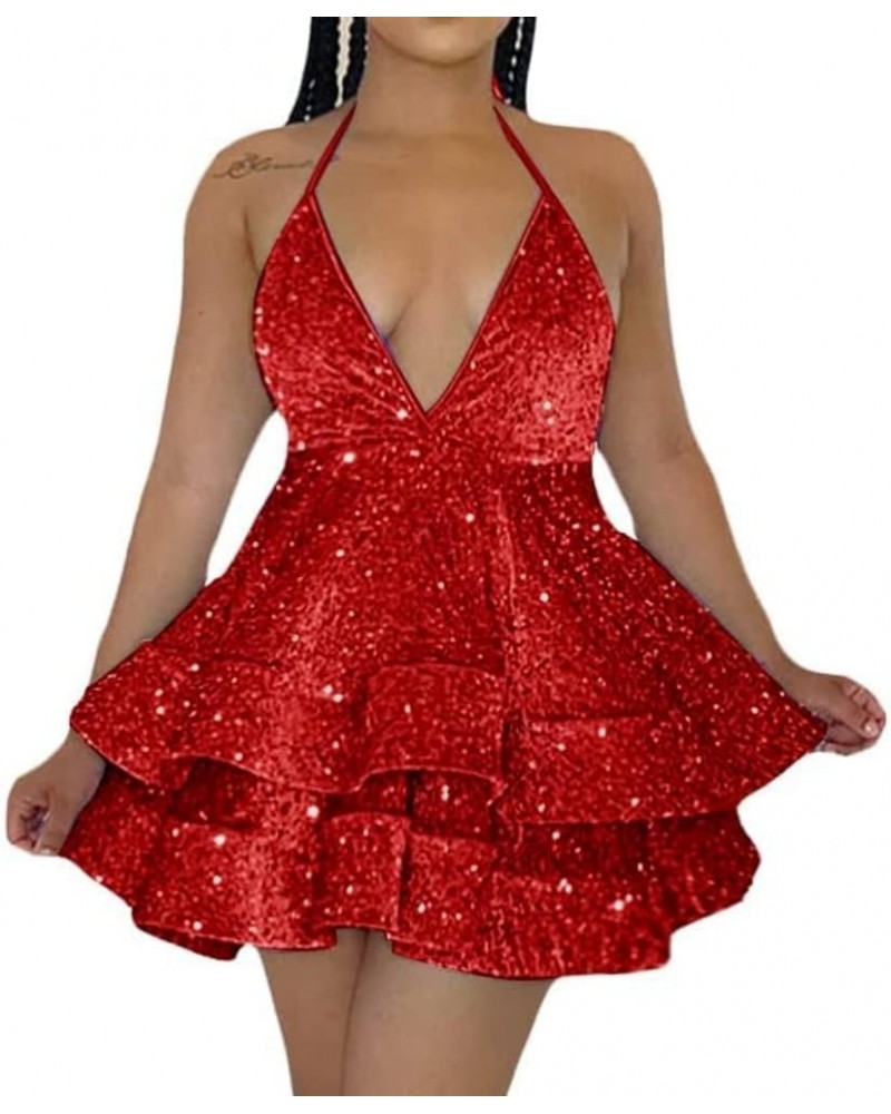 Spaghetti Strap Sequin Tiered Homecoming Dress V Neck Short Prom Dress Sleeveless Sparkle Puffy Mini Ball Gown ZD08 Red $29.1...