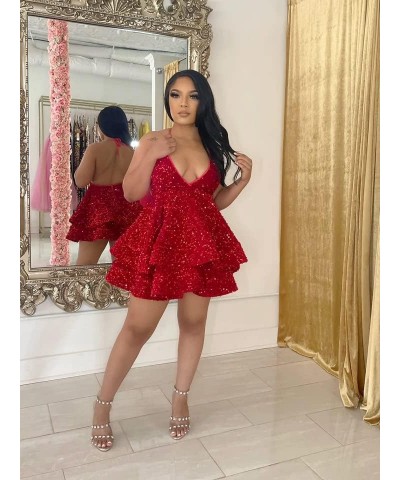 Spaghetti Strap Sequin Tiered Homecoming Dress V Neck Short Prom Dress Sleeveless Sparkle Puffy Mini Ball Gown ZD08 Red $29.1...