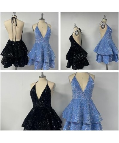 Spaghetti Strap Sequin Tiered Homecoming Dress V Neck Short Prom Dress Sleeveless Sparkle Puffy Mini Ball Gown ZD08 Red $29.1...