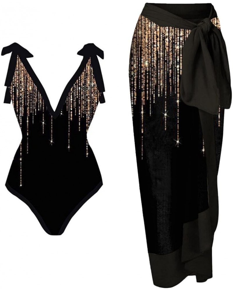 One Piece Swimsuit Women 1 Piece Swimwear+1 Piece Cover UP Two Piece Vintage Printed Swimsuit Monokini Swimsuits A03-gold $4....