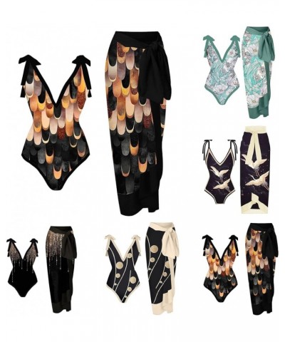 One Piece Swimsuit Women 1 Piece Swimwear+1 Piece Cover UP Two Piece Vintage Printed Swimsuit Monokini Swimsuits A03-gold $4....