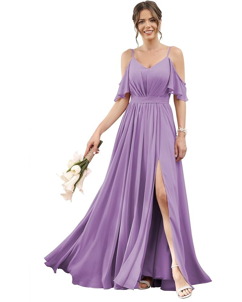 Women's Cold Shoulder Bridesmaid Dresses 2023 for Wedding Long V-Neck Formal Evening Party Dress with Slit VT018 Dusty Purple...