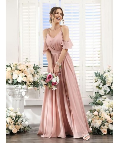 Women's Cold Shoulder Bridesmaid Dresses 2023 for Wedding Long V-Neck Formal Evening Party Dress with Slit VT018 Dusty Purple...