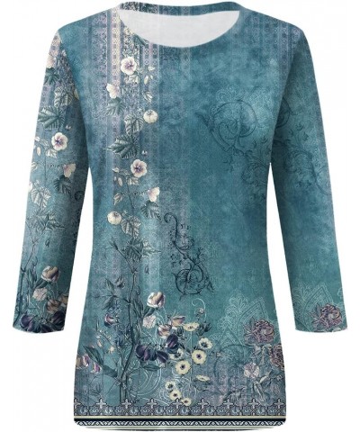 Tops 3/4 Sleeve Shiny Butterfly Marble Stripe Tie-Dye Vintage Style Floral Print O Neck Plus Size Elegant Top 01-cyan $9.86 Tops