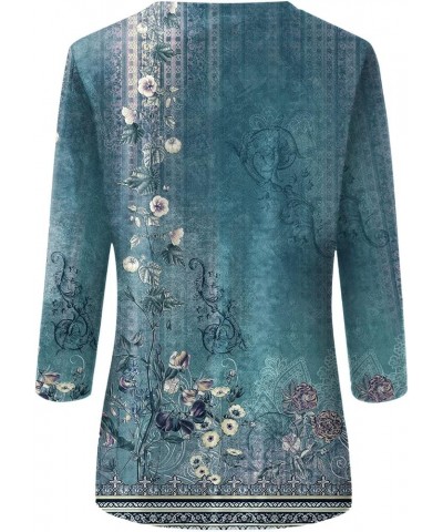 Tops 3/4 Sleeve Shiny Butterfly Marble Stripe Tie-Dye Vintage Style Floral Print O Neck Plus Size Elegant Top 01-cyan $9.86 Tops